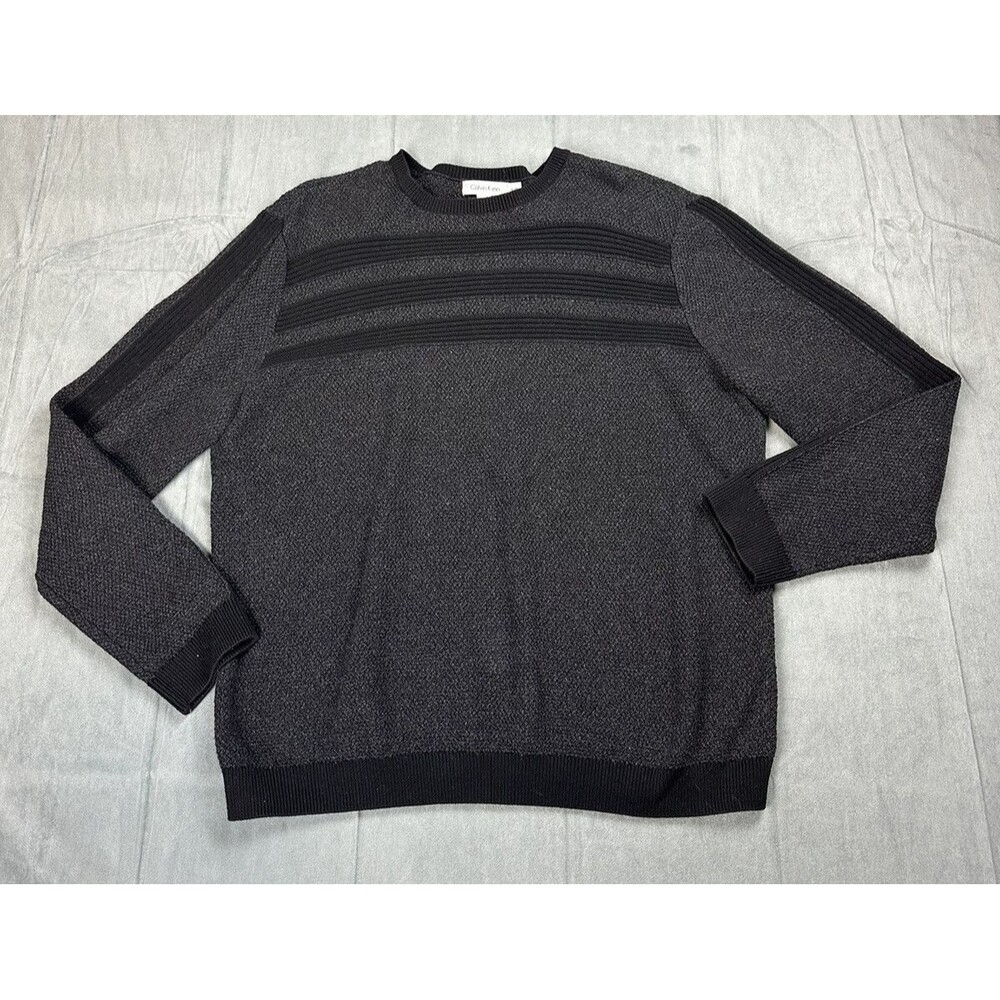 Calvin Klein Sweater Mens Size XL Pullover Long Sleeve Stripes Black Dark Gray